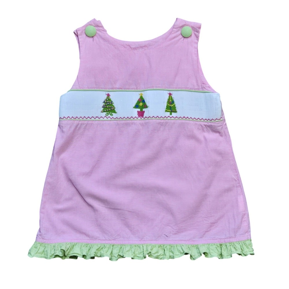 Secret Wishes Kids Pink Gingham Smocked Christmas Tree Holiday Jumper Dress